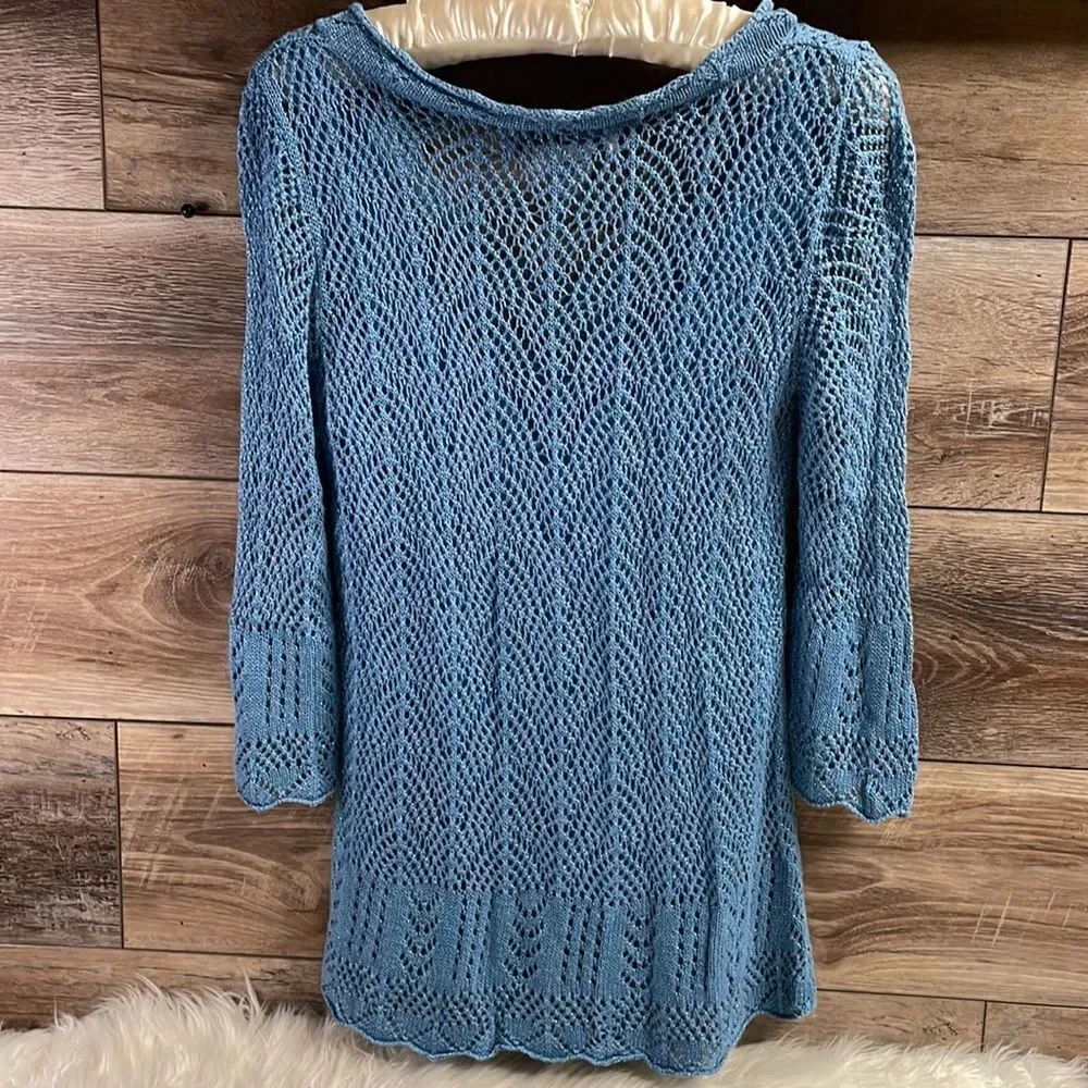Joseph A Ladies Open Knit Sweater Sz Medium Blue W/Silver Threads Built in Camis